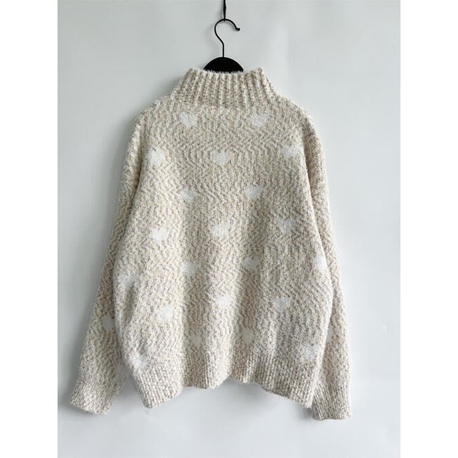 Heart Heathered Turtleneck Drop Shoulder Sweater Clothing