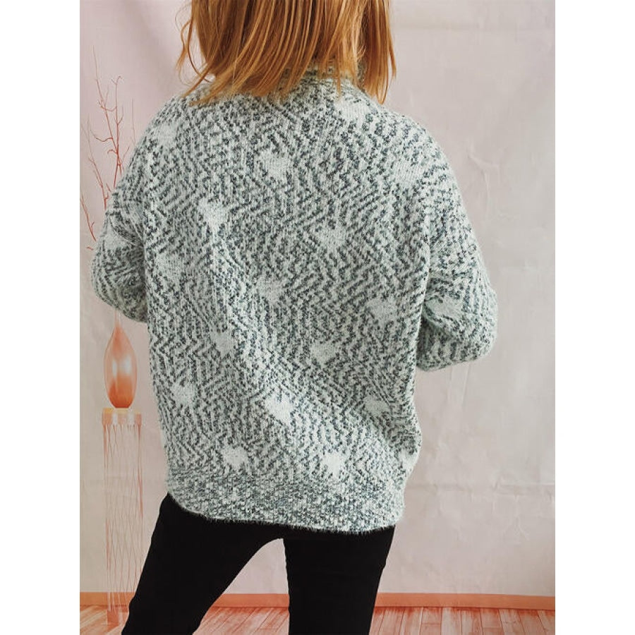 Heart Heathered Turtleneck Drop Shoulder Sweater Misty Blue / One Size Clothing