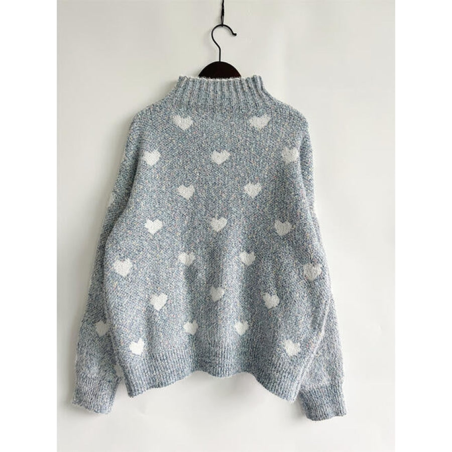 Heart Heathered Turtleneck Drop Shoulder Sweater Clothing