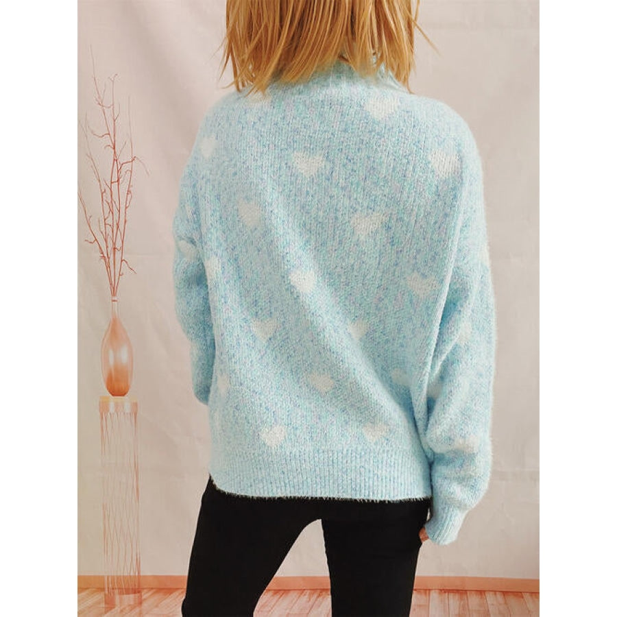 Heart Heathered Turtleneck Drop Shoulder Sweater Clothing