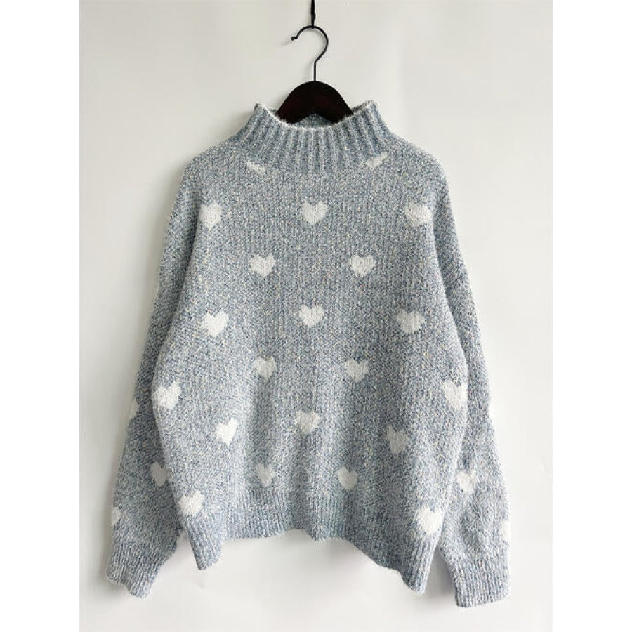 Heart Heathered Turtleneck Drop Shoulder Sweater Clothing