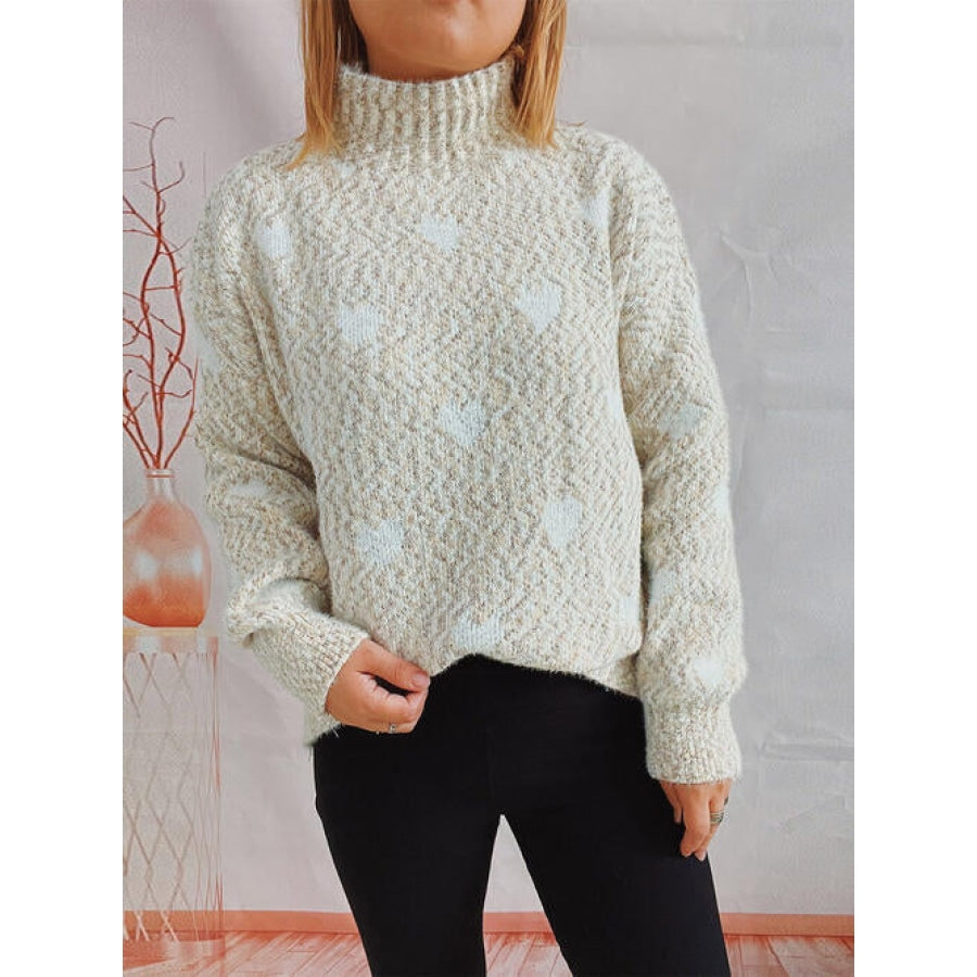 Heart Heathered Turtleneck Drop Shoulder Sweater Cream / One Size Clothing