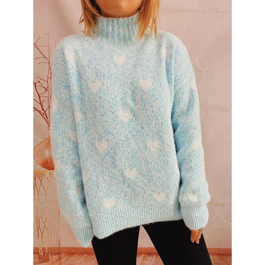 Heart Heathered Turtleneck Drop Shoulder Sweater Mint Blue / One Size Clothing