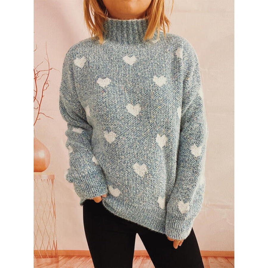 Heart Heathered Turtleneck Drop Shoulder Sweater Misty Blue / One Size Clothing