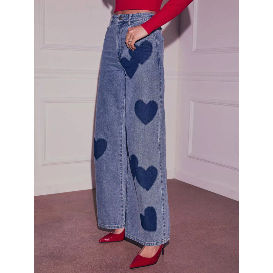 Heart High Waist Wide Leg Jeans Blue / S Apparel and Accessories