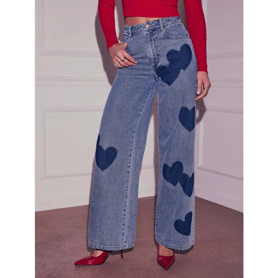 Heart High Waist Wide Leg Jeans Blue / S Apparel and Accessories