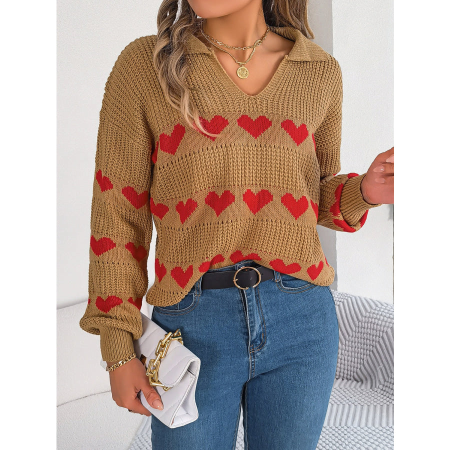 Heart Johnny Collar Long Sleeve Sweater Apparel and Accessories