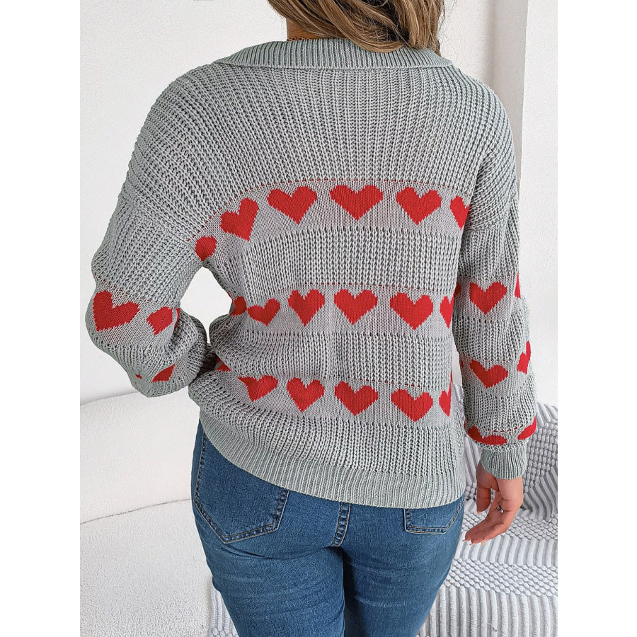 Heart Johnny Collar Long Sleeve Sweater Apparel and Accessories