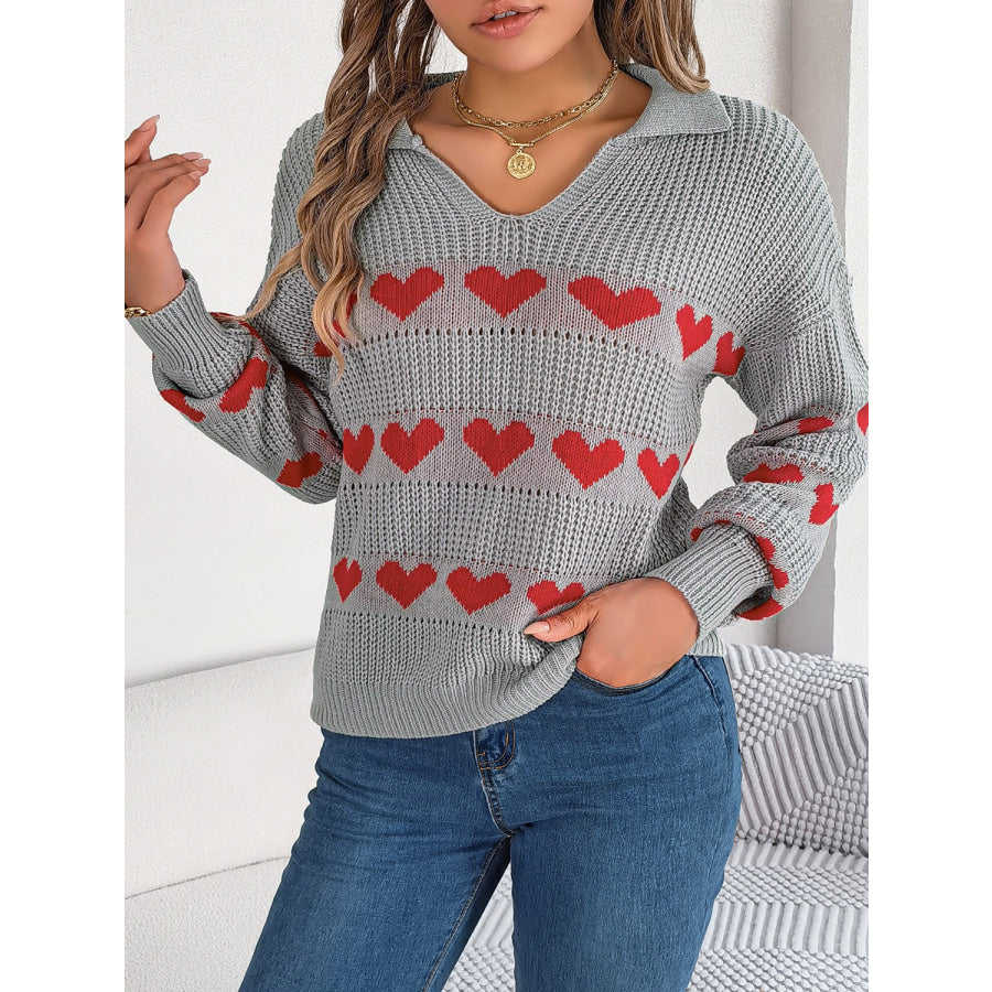 Heart Johnny Collar Long Sleeve Sweater Apparel and Accessories