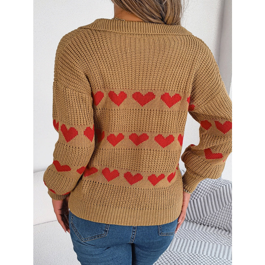 Heart Johnny Collar Long Sleeve Sweater Apparel and Accessories