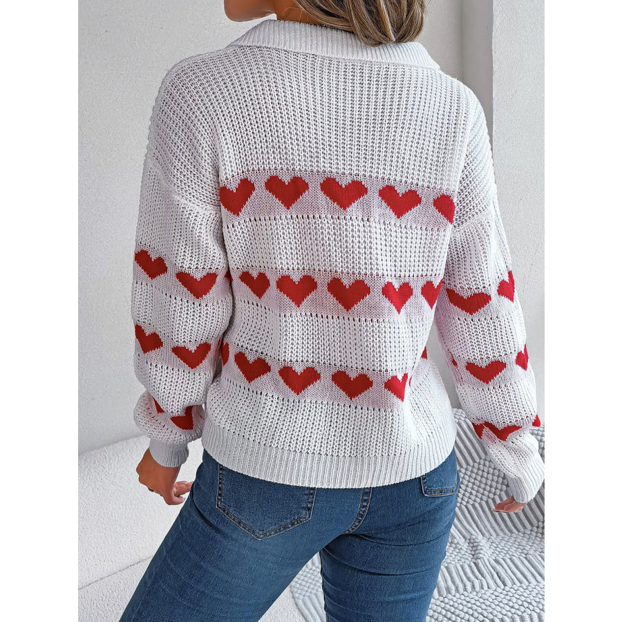 Heart Johnny Collar Long Sleeve Sweater White / S Apparel and Accessories