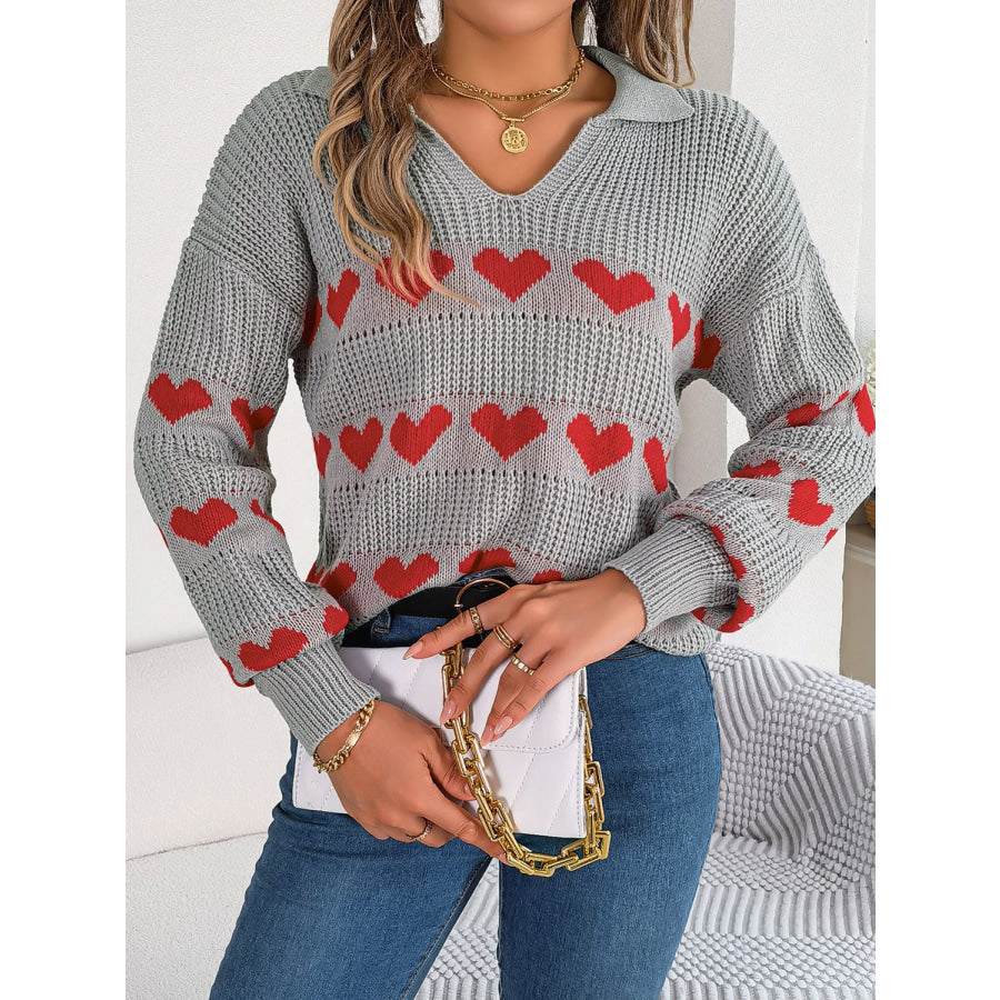 Heart Johnny Collar Long Sleeve Sweater Apparel and Accessories