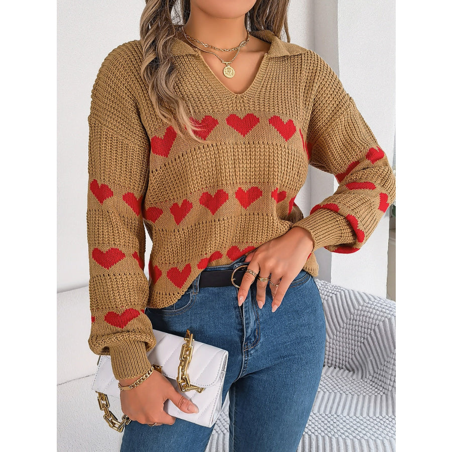 Heart Johnny Collar Long Sleeve Sweater Camel / S Apparel and Accessories