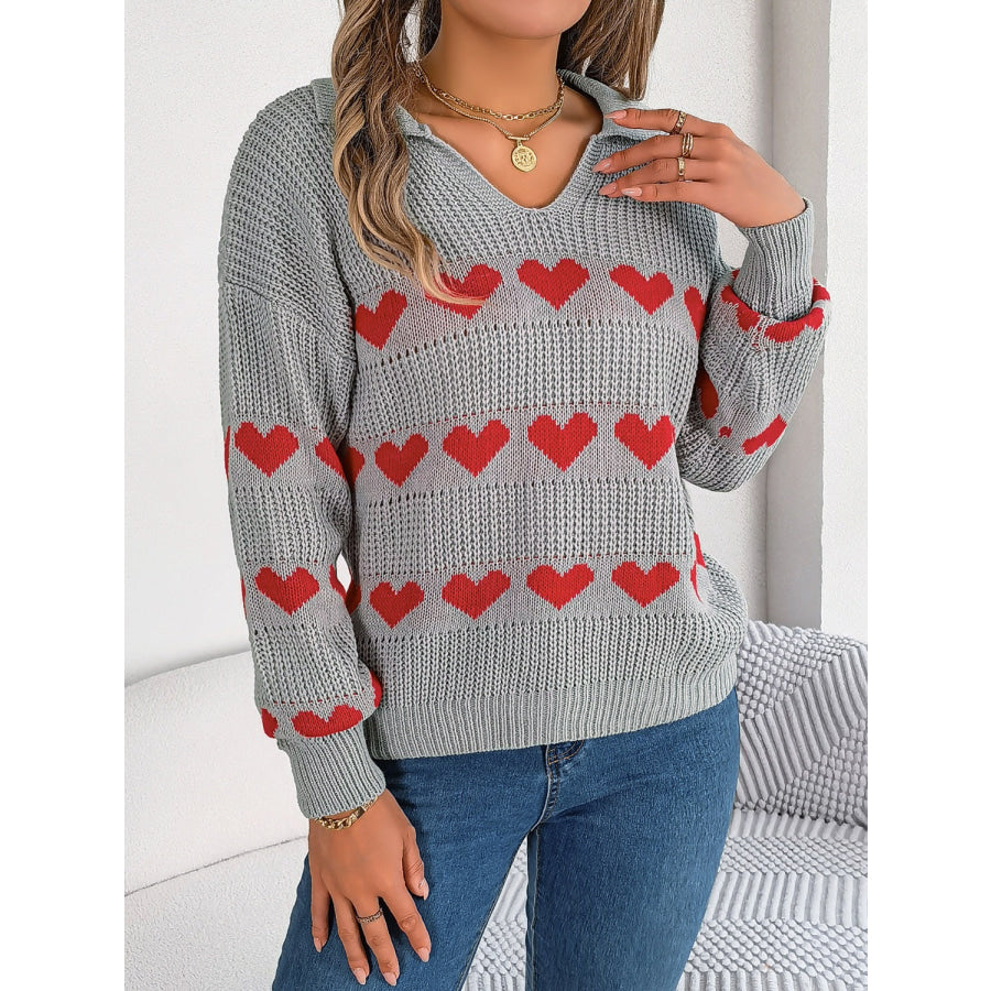 Heart Johnny Collar Long Sleeve Sweater Gray / S Apparel and Accessories