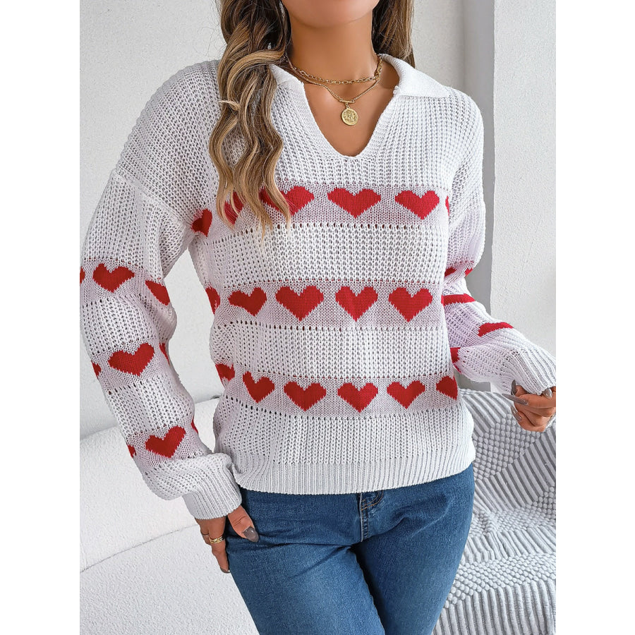 Heart Johnny Collar Long Sleeve Sweater White / S Apparel and Accessories