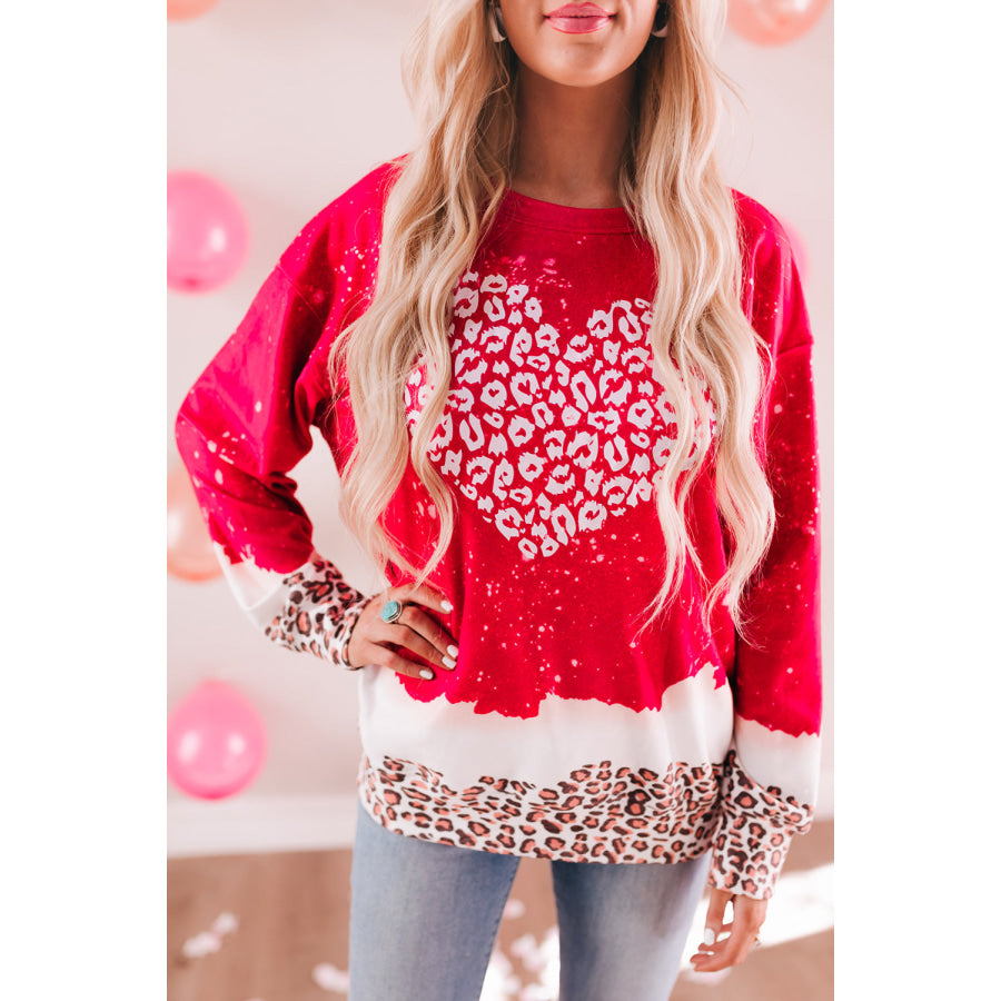 Heart Leopard Round Neck Sweatshirt Strawberry / S Apparel and Accessories
