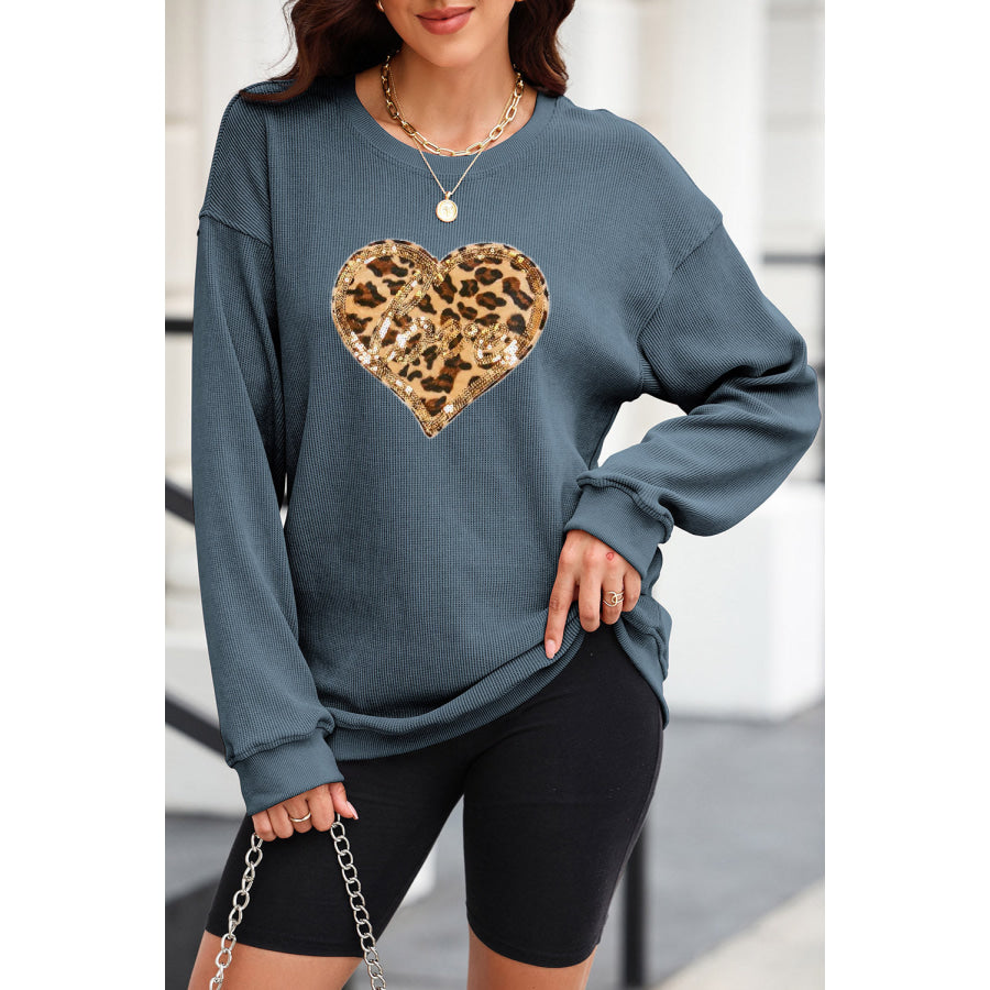 Heart Leopard Sequin Round Neck Sweatshirt French Blue / S Apparel and Accessories