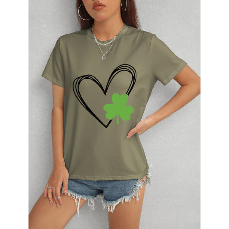 Heart Lucky Clover Short Sleeve T - Shirt Army Green / S Apparel and Accessories