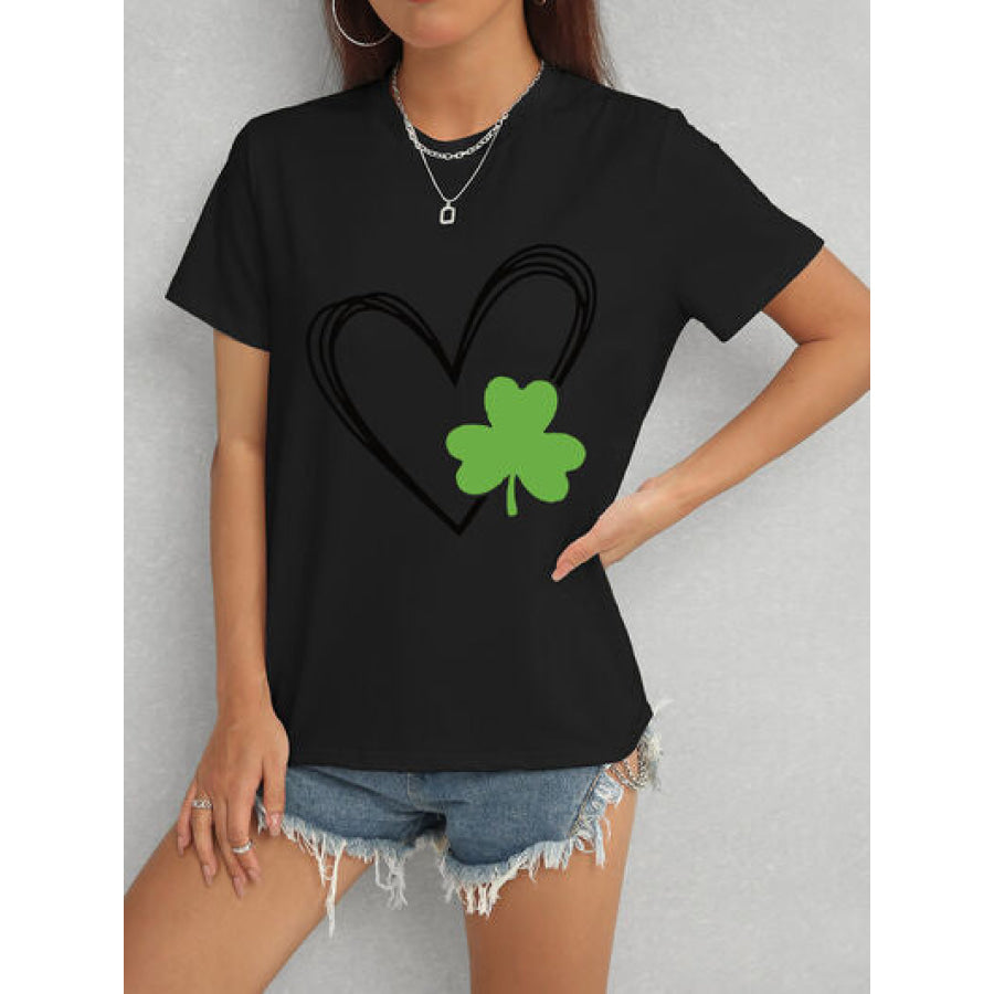 Heart Lucky Clover Short Sleeve T - Shirt Black / S Apparel and Accessories