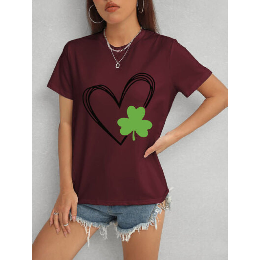 Heart Lucky Clover Short Sleeve T - Shirt Wine / S Apparel and Accessories