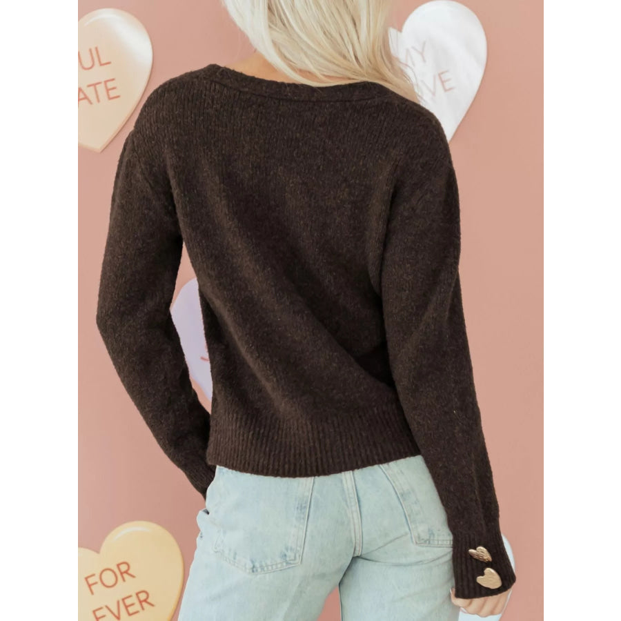 Heart Metal Button V Neck Cardigan Sweater Apparel and Accessories
