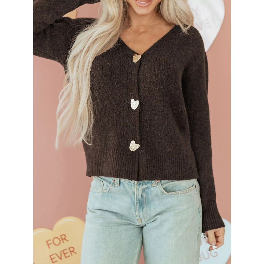 Heart Metal Button V Neck Cardigan Sweater Apparel and Accessories