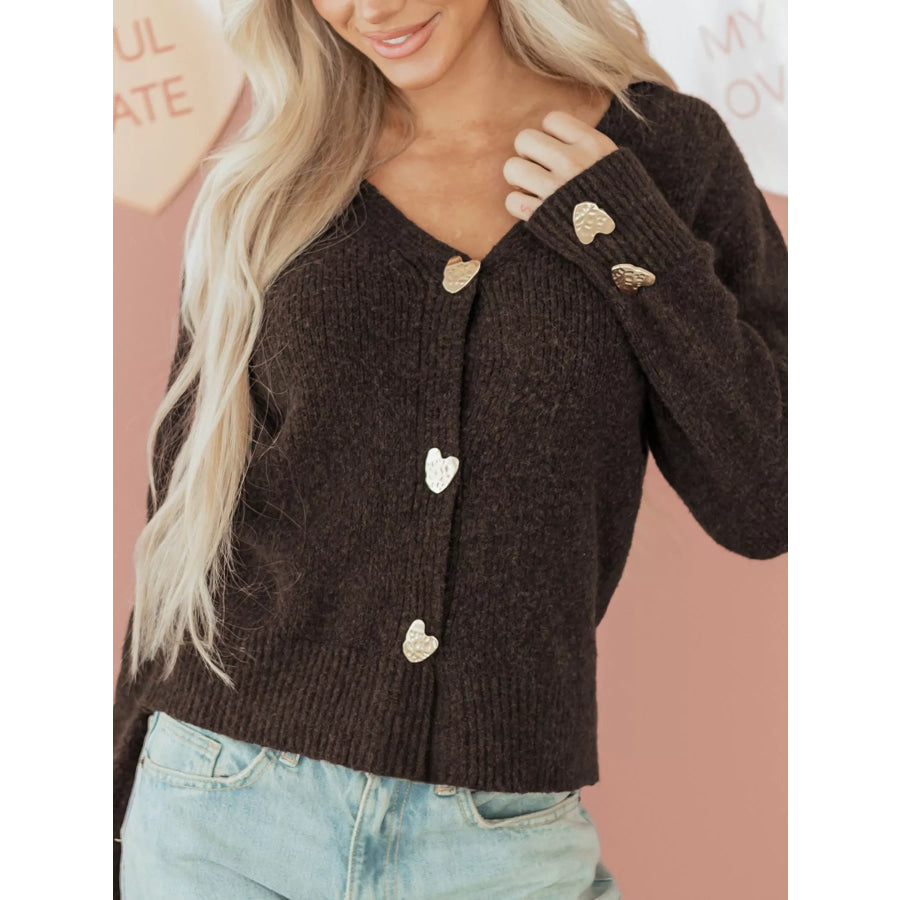 Heart Metal Button V Neck Cardigan Sweater Chocolate / S Apparel and Accessories