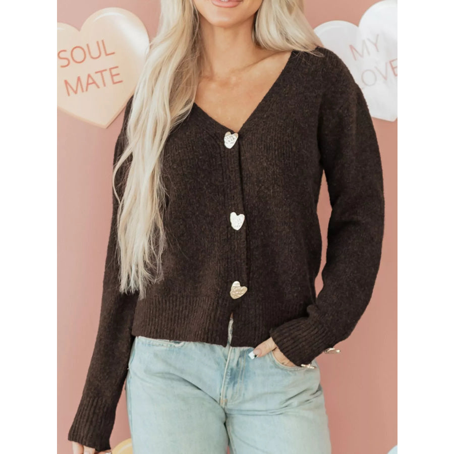 Heart Metal Button V Neck Cardigan Sweater Chocolate / S Apparel and Accessories