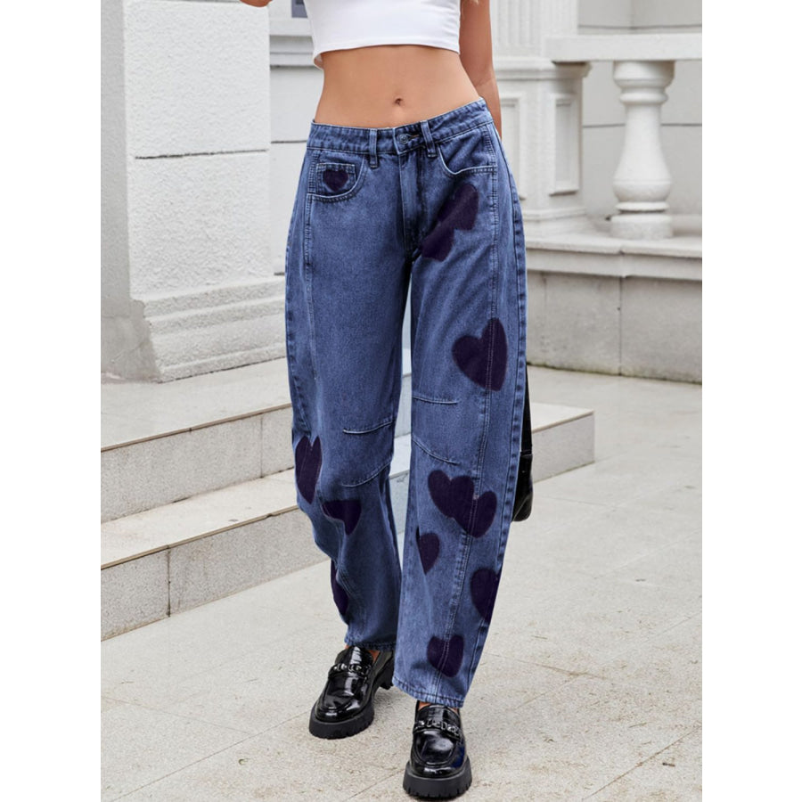 Heart Mid Rise Jeans with Pockets Apparel and Accessories