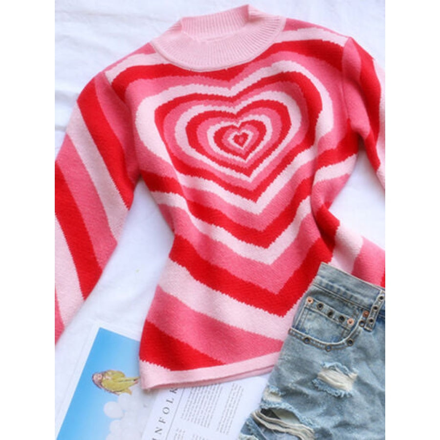 Heart Mock Neck Long Sleeve Sweater Apparel and Accessories