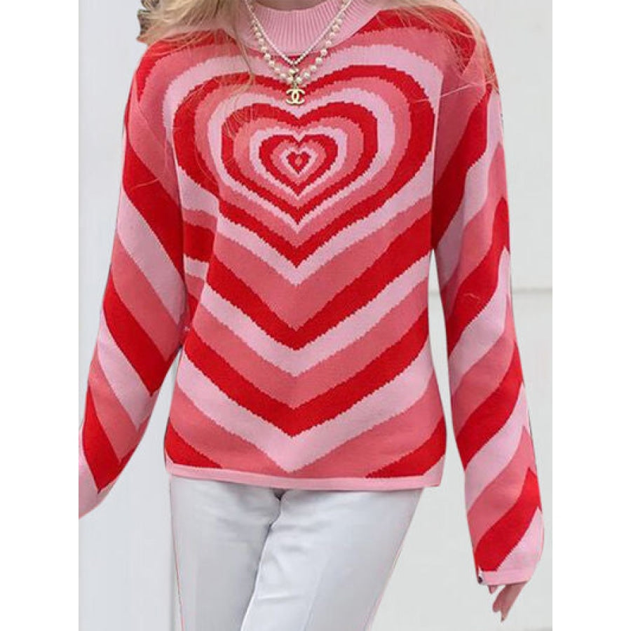 Heart Mock Neck Long Sleeve Sweater Carnation Pink / S Apparel and Accessories