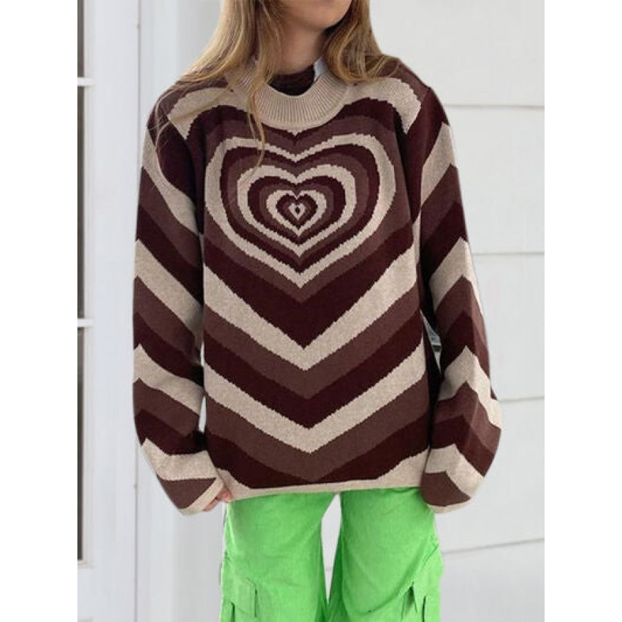 Heart Mock Neck Long Sleeve Sweater Chestnut / S Apparel and Accessories