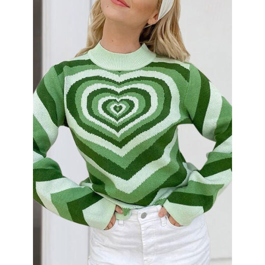 Heart Mock Neck Long Sleeve Sweater Light Green / S Apparel and Accessories