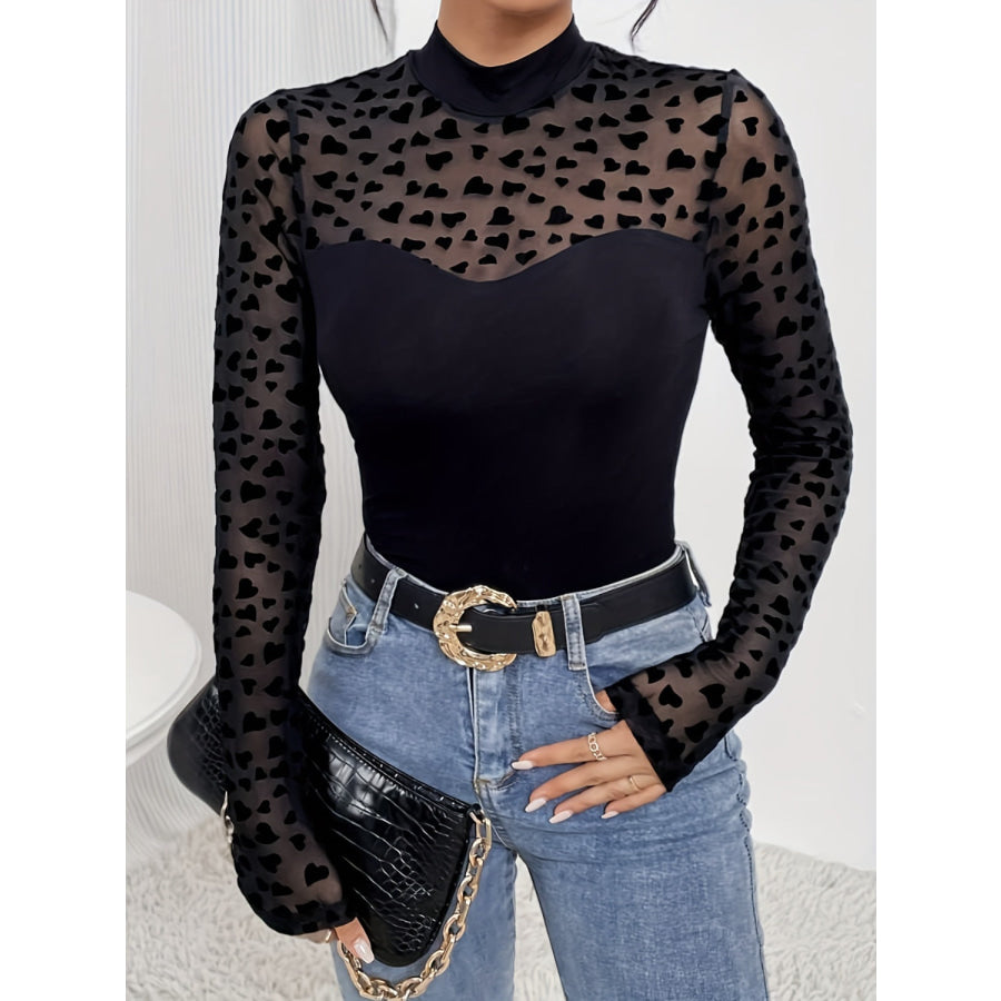 Heart Mock Neck Long Sleeve T-Shirt Apparel and Accessories