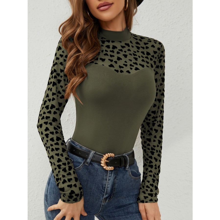 Heart Mock Neck Long Sleeve T-Shirt Moss / S Apparel and Accessories