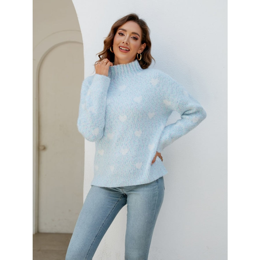 Heart Mock Neck Sweater Misty Blue / S