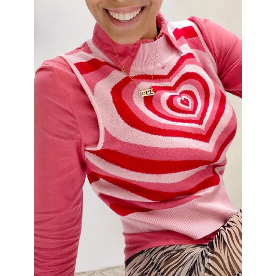 Heart Mock Neck Sweater Vest Carnation Pink / S Apparel and Accessories