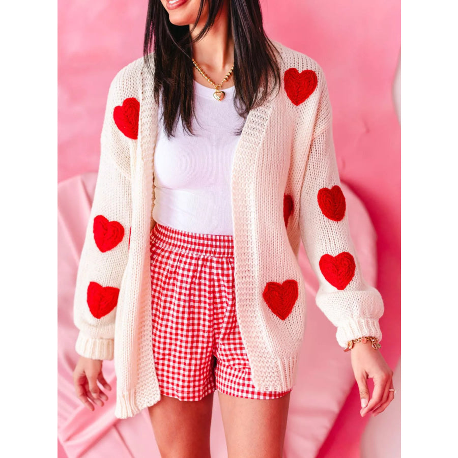 Heart Open Front Dropped Shoulder Cardigan Apparel and Accessories