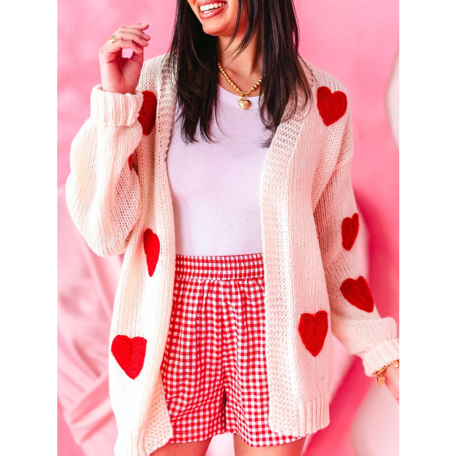 Heart Open Front Dropped Shoulder Cardigan Red / S Apparel and Accessories