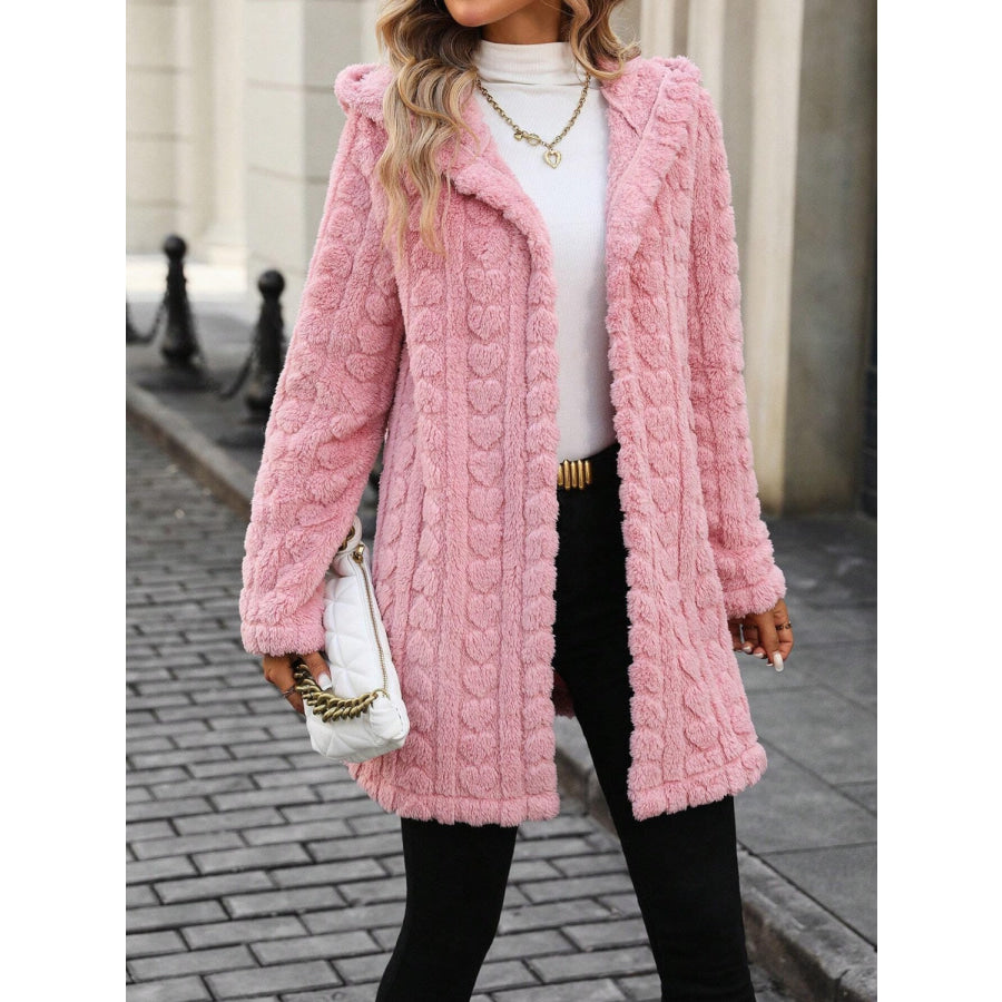 Heart Open Front Hooded Fuzzy Coat Blush Pink / S Apparel and Accessories