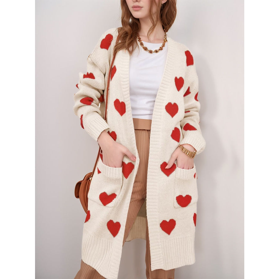 Heart Open Front Long Sleeve Cardigan Apparel and Accessories