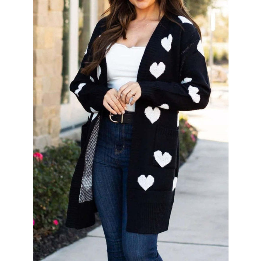 Heart Open Front Long Sleeve Cardigan Black / One Size Apparel and Accessories