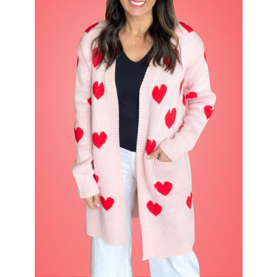 Heart Open Front Long Sleeve Cardigan Blush Pink / One Size Apparel and Accessories