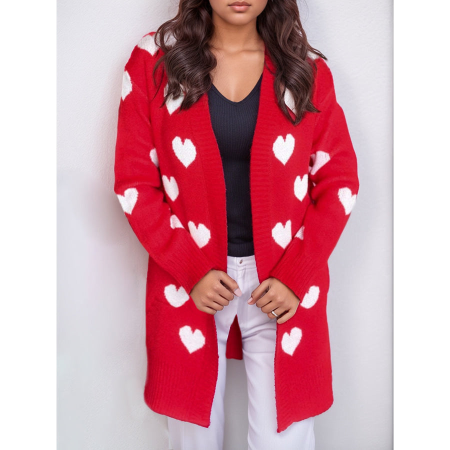 Heart Open Front Long Sleeve Cardigan Red / One Size Apparel and Accessories