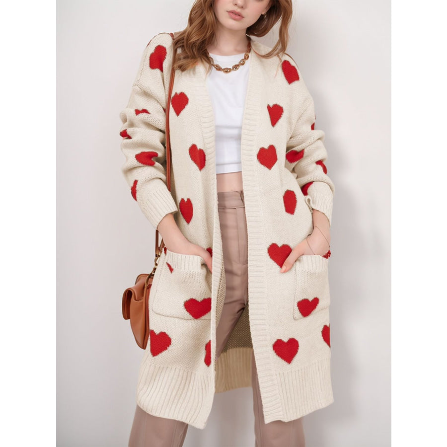 Heart Open Front Long Sleeve Cardigan Tan / One Size Apparel and Accessories