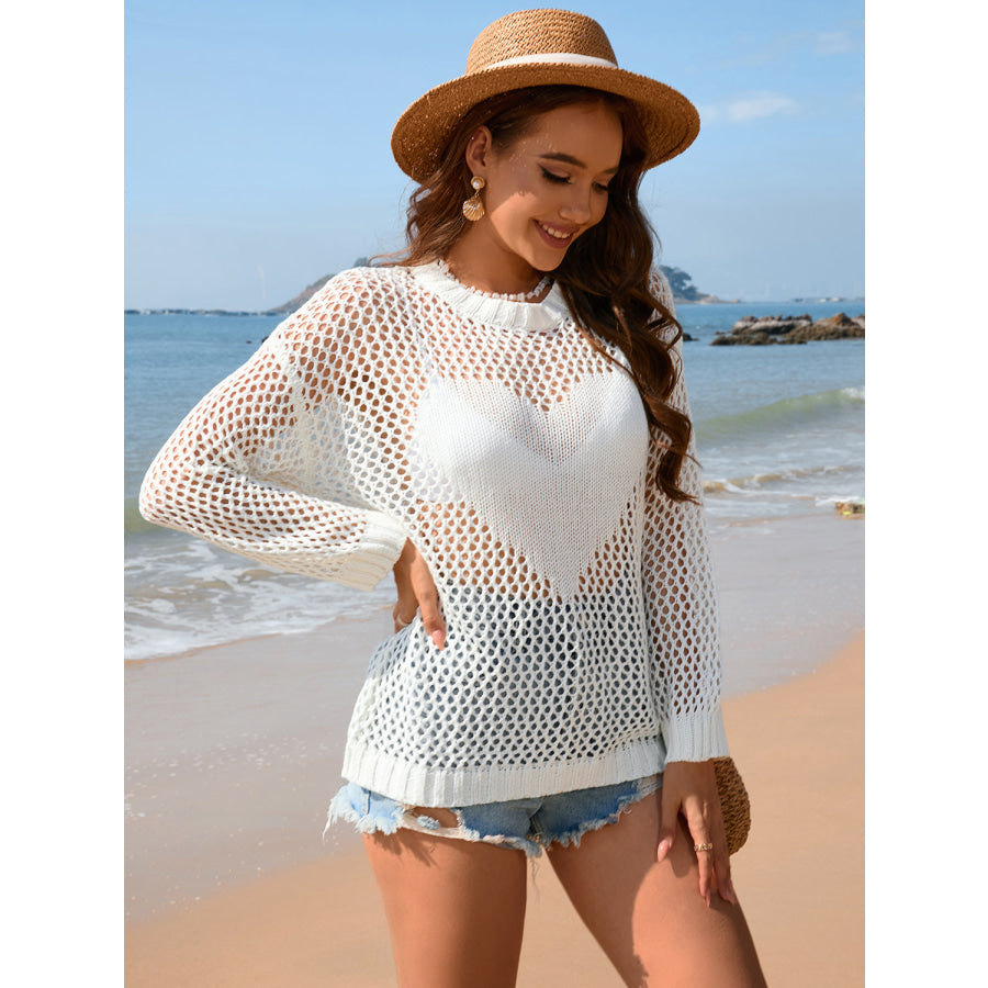 Heart Openwork Long Sleeve Cover - Up Apparel and Accessories