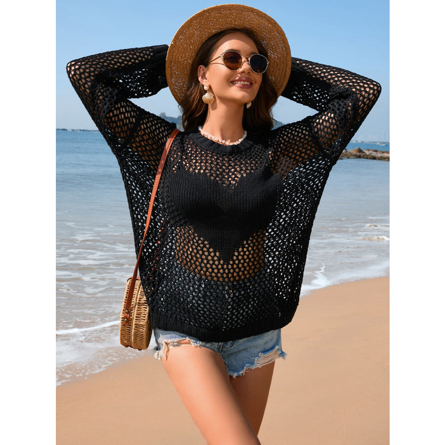 Heart Openwork Long Sleeve Cover - Up Black / S Apparel and Accessories