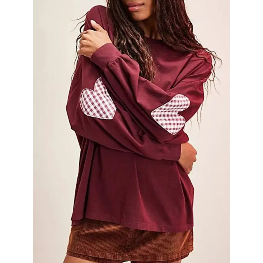Heart Patch Long Sleeve Sweatshirt Burgundy / S Apparel and Accessories