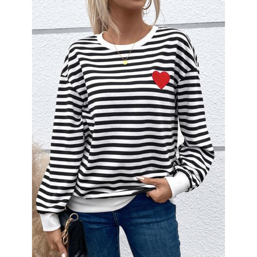 Heart Patch Striped Round Neck Long Sleeve Sweatshirt Black / S Clothing