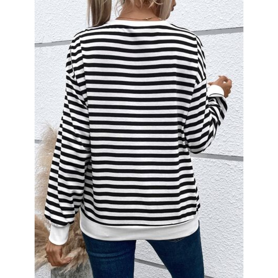 Heart Patch Striped Round Neck Long Sleeve Sweatshirt Clothing